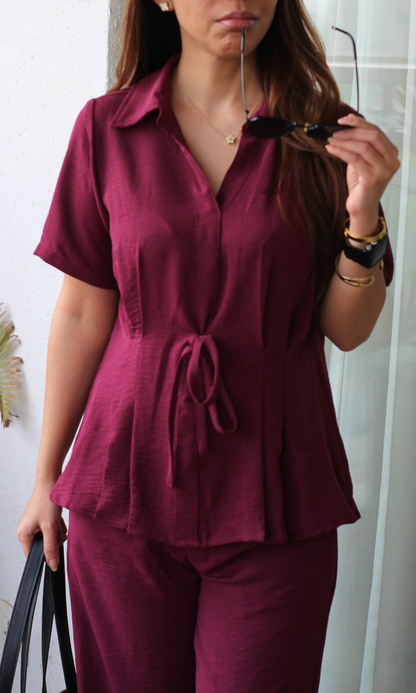 Wine String Detail Sleeved Top and Flared Pants Co-ord