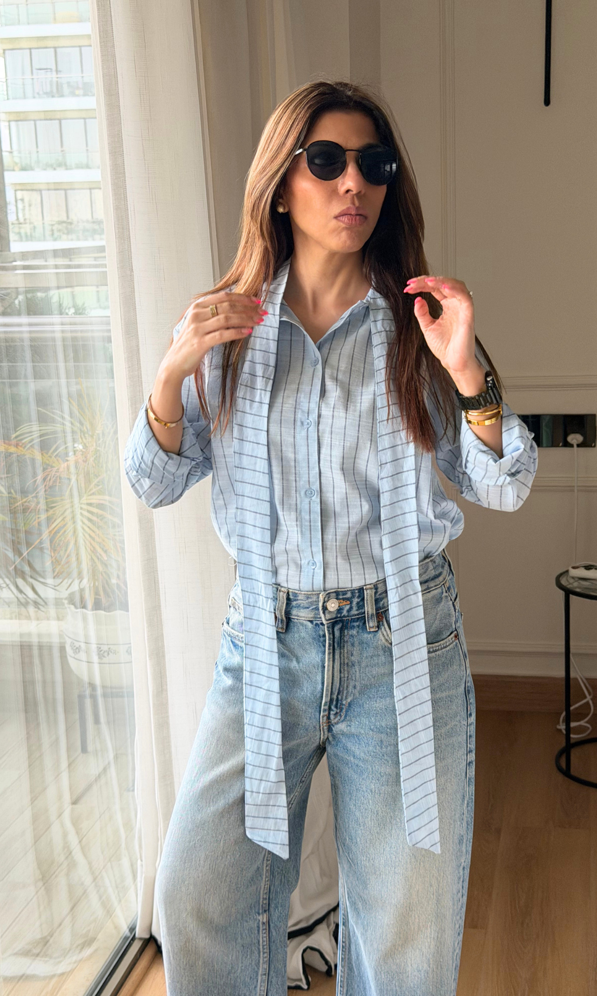 Sky Blue Pinstripe Bow-Tie Shirt