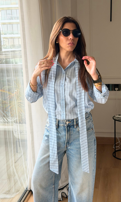 Sky Blue Pinstripe Bow-Tie Shirt