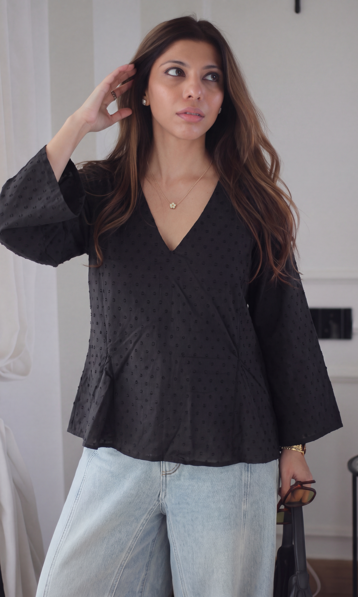 Black Textured V-Neck Peplum Top