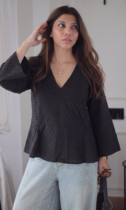 Black Textured V-Neck Peplum Top