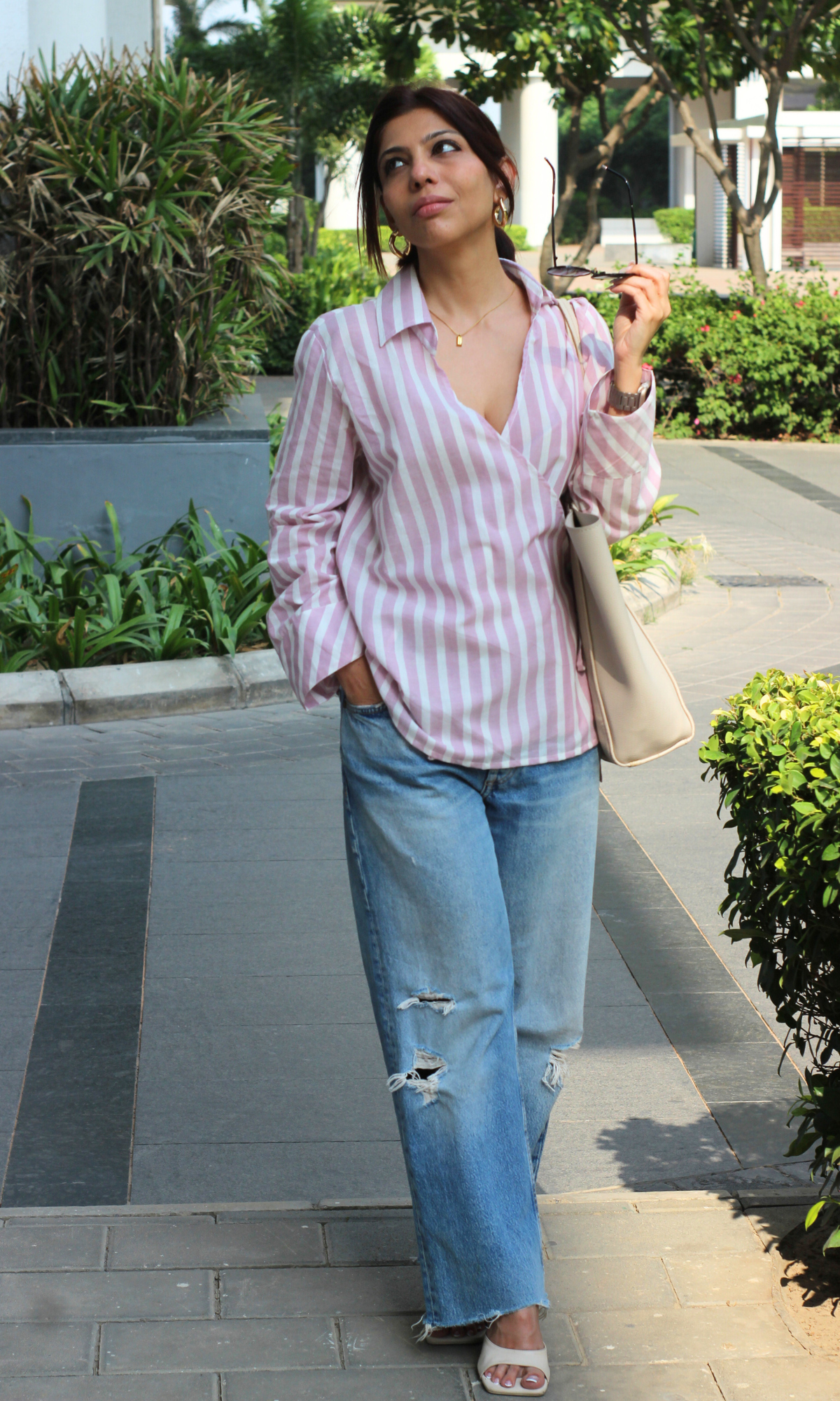 Pink-White Collared Cotton Kimono Top