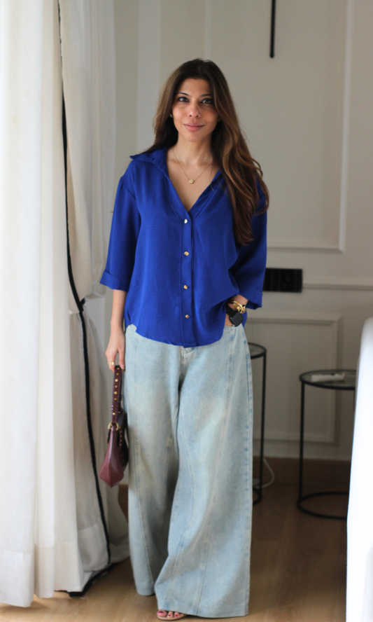Electric Blue Metallic Button  Boxy Shirt