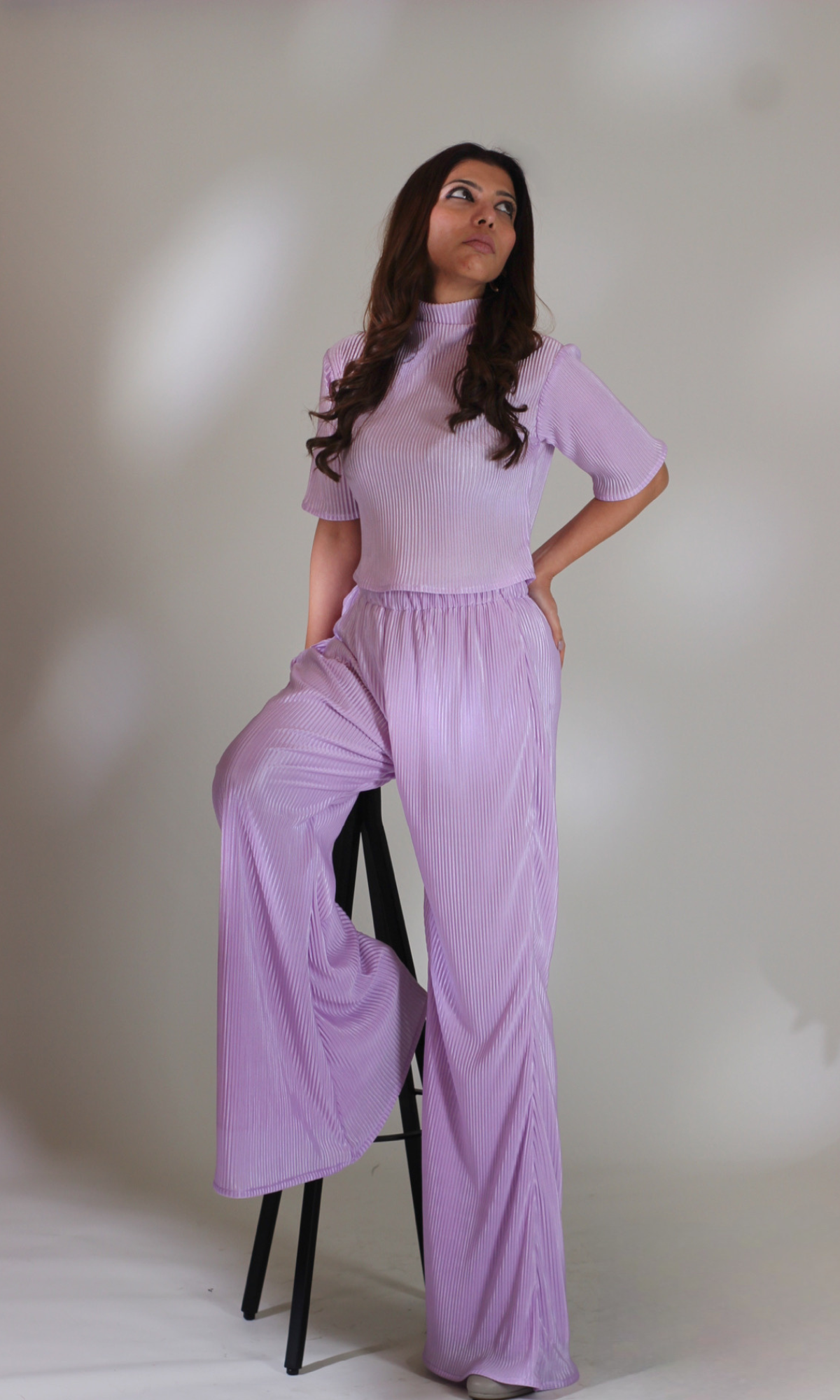 Summer Purple High Neck Top with Flared Pants