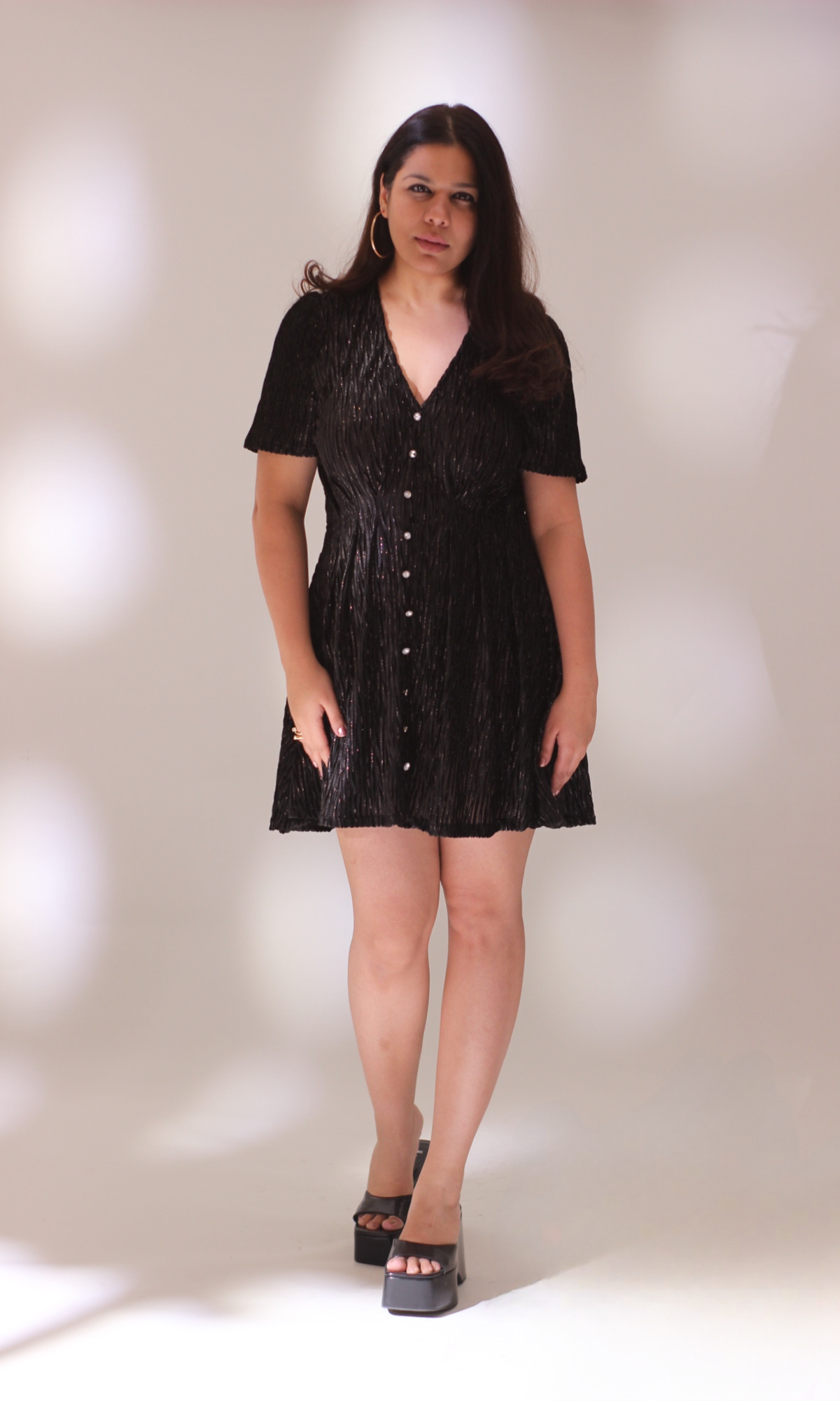 Black Rhinestone Buttoned Dress