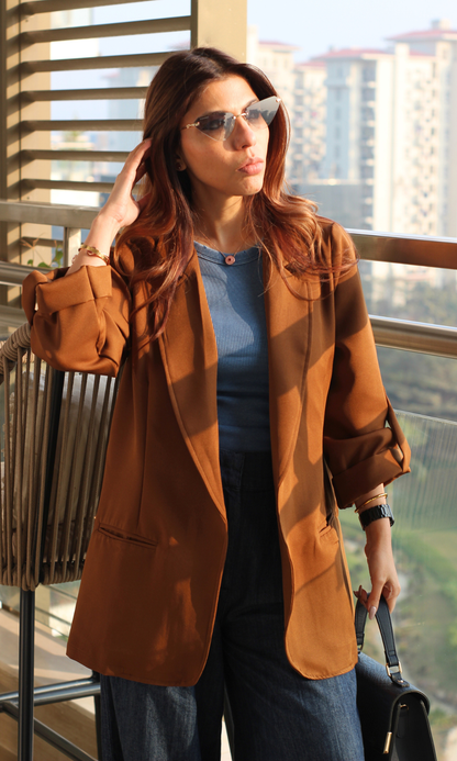 Mocha Rolled-Up Sleeve Blazer Jacket