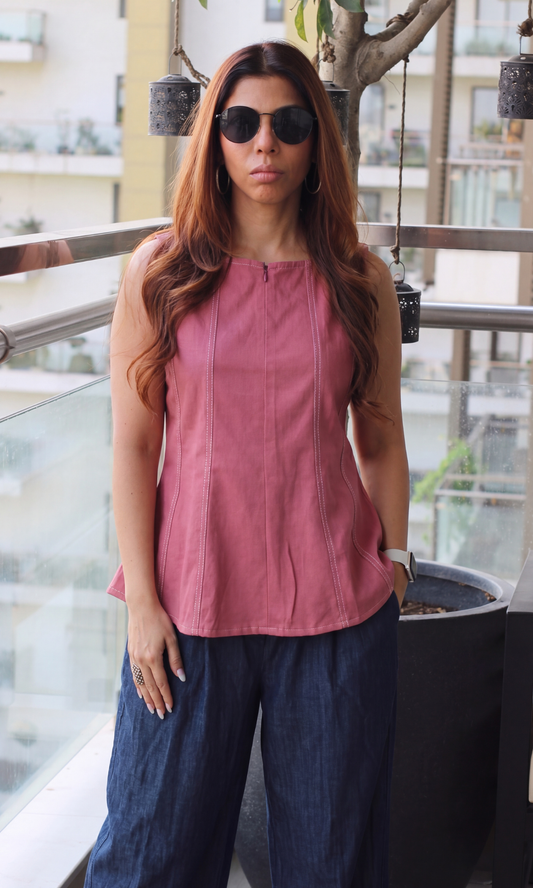 Salmon Denim Cotton Flared Top