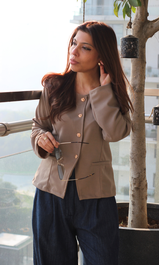 Greige Sleeved Metallic Buttoned Waist Coat