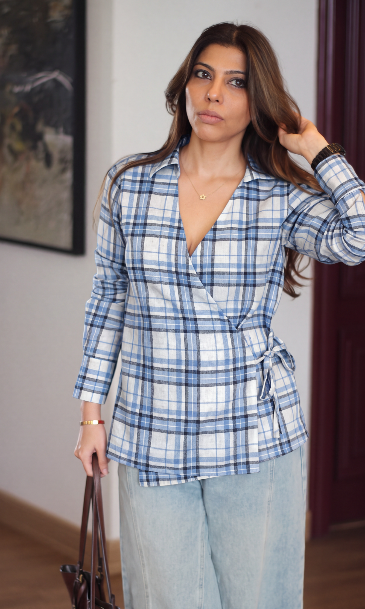 Cloud White & Periwinkle Tartan Wrap Top
