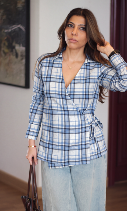 Cloud White & Periwinkle Tartan Wrap Top