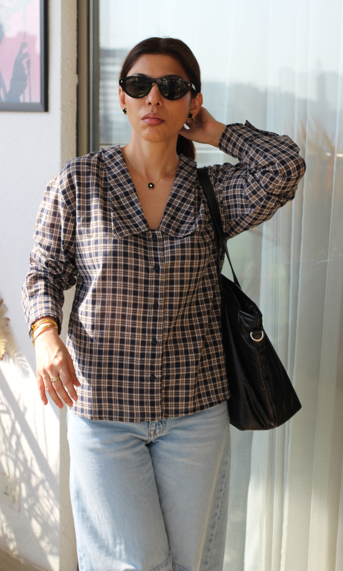 Navy Gingham-Check Peter Pan Collared Shirt