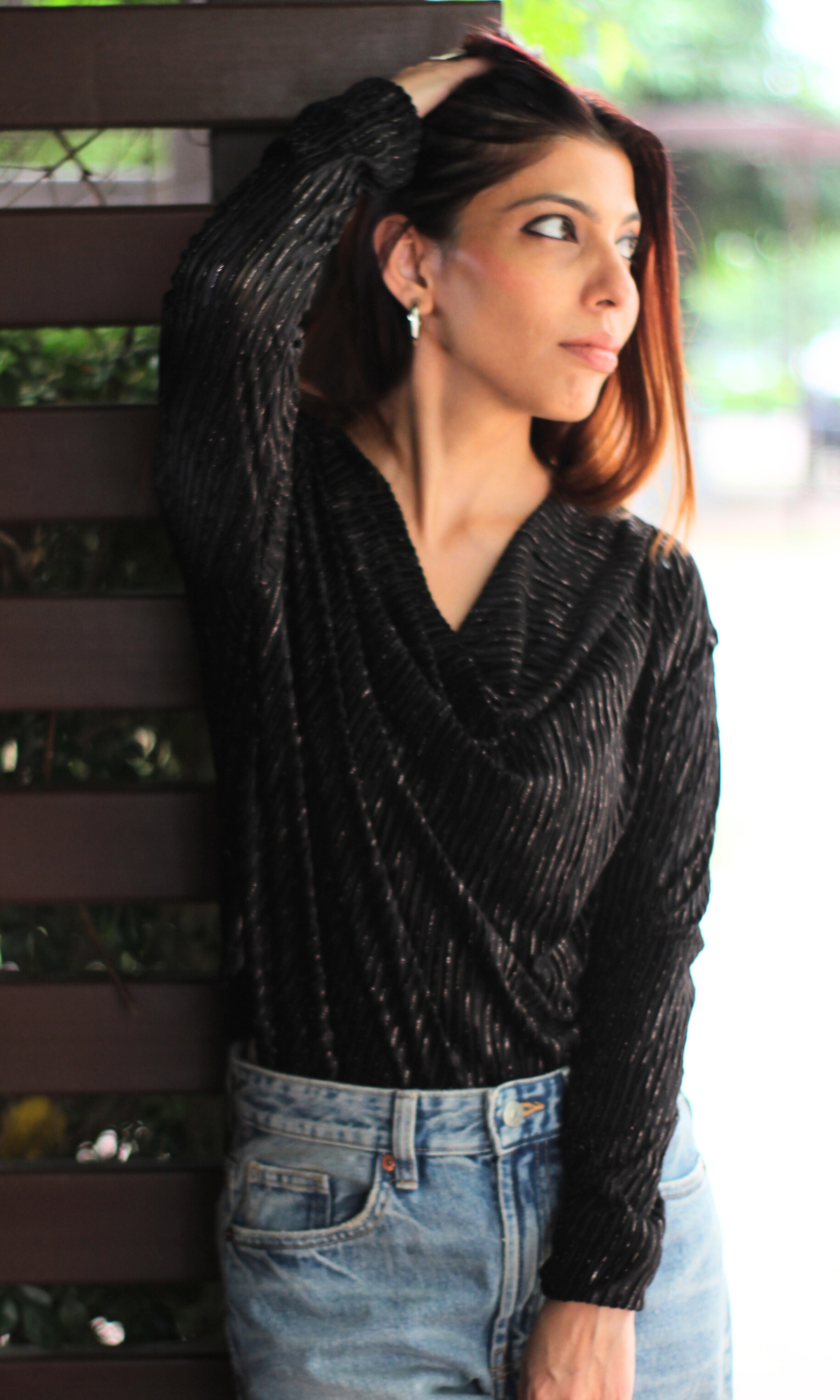 Black Pleated Full Sleeve Cowl Neck Top