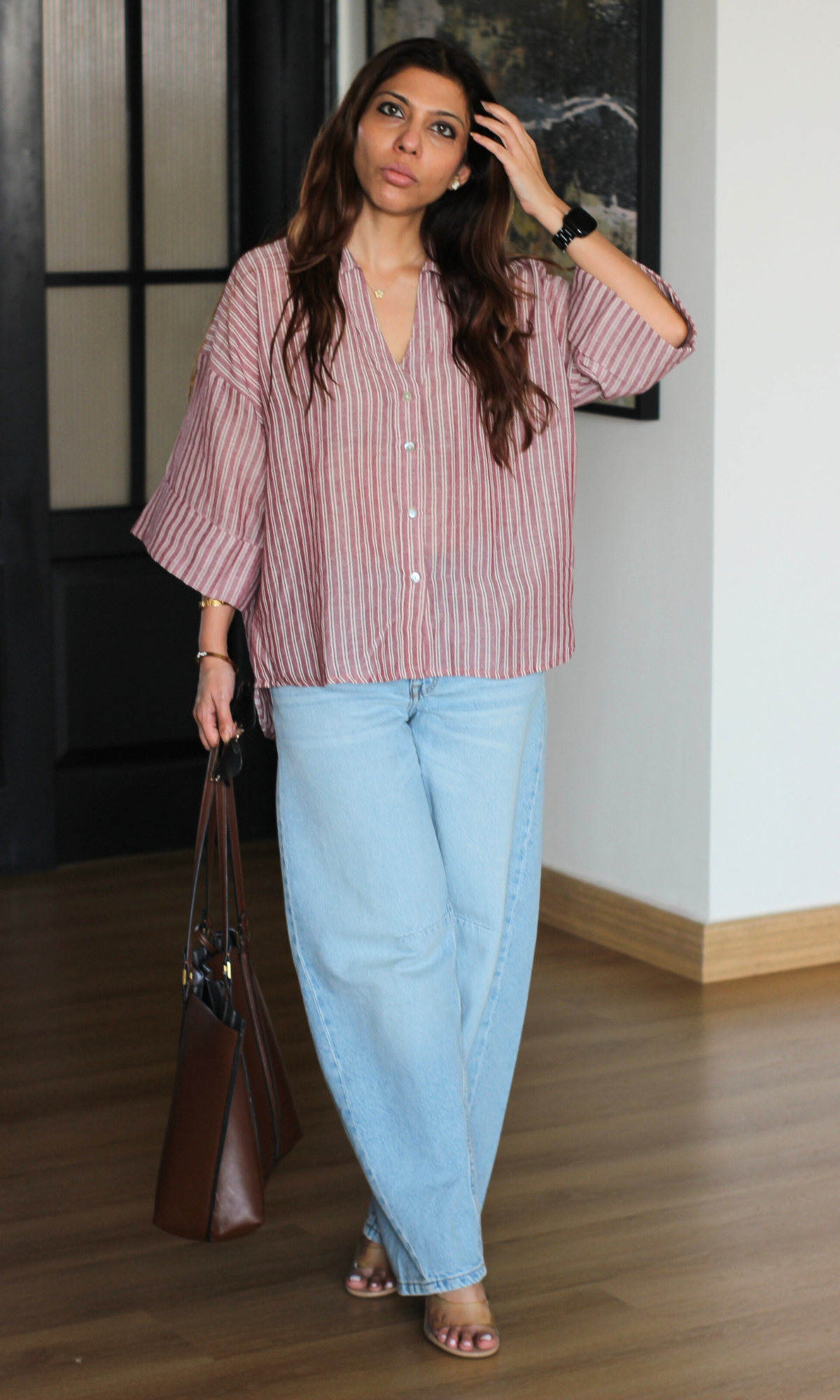 Sea Pink Linear Loose Shirt