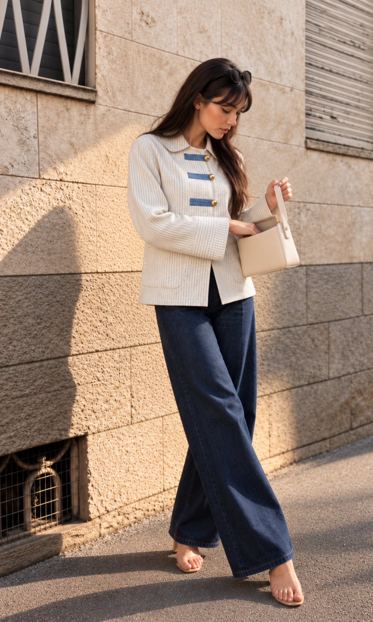 Frog-Closure Ivory Pinstripe Overshirt