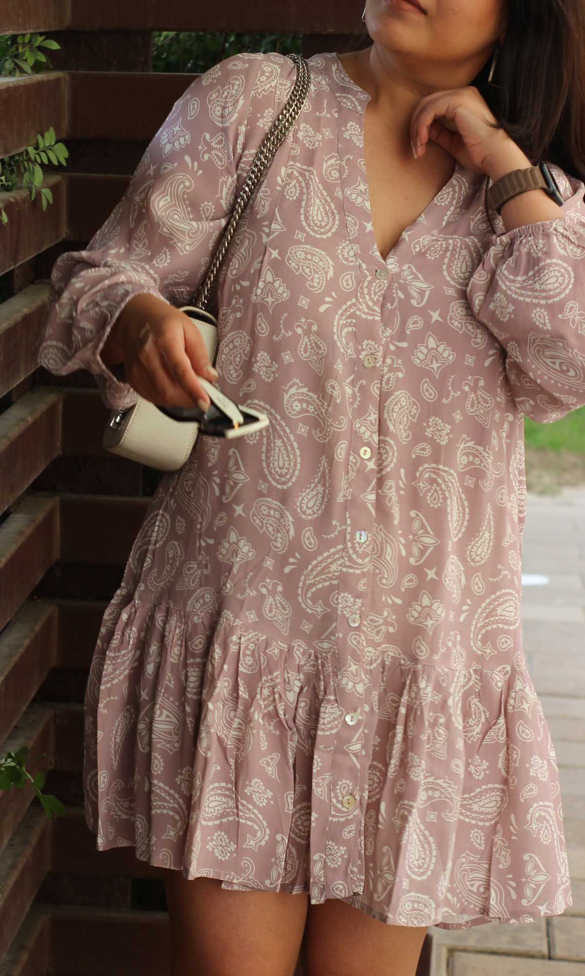 Nude Paisley Printed Sleeved Crepe Dress