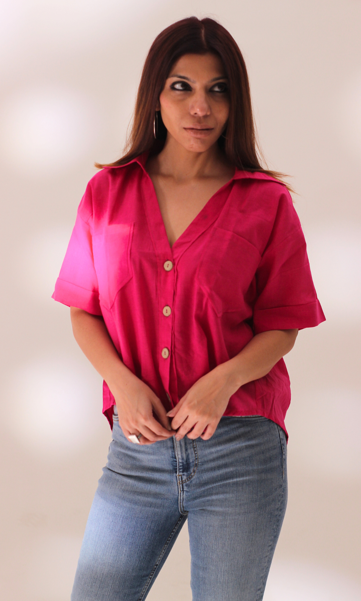 Hot Pink Cotton Cropped Shirt