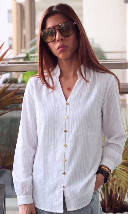 Ivory Weave Stripe Gathered-Collar Bishop Sleeve Shirt