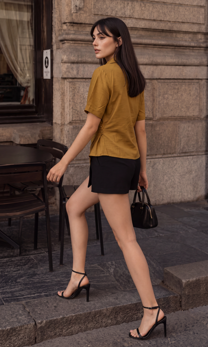 Light Brown Short-Sleeved Wrap Shirt