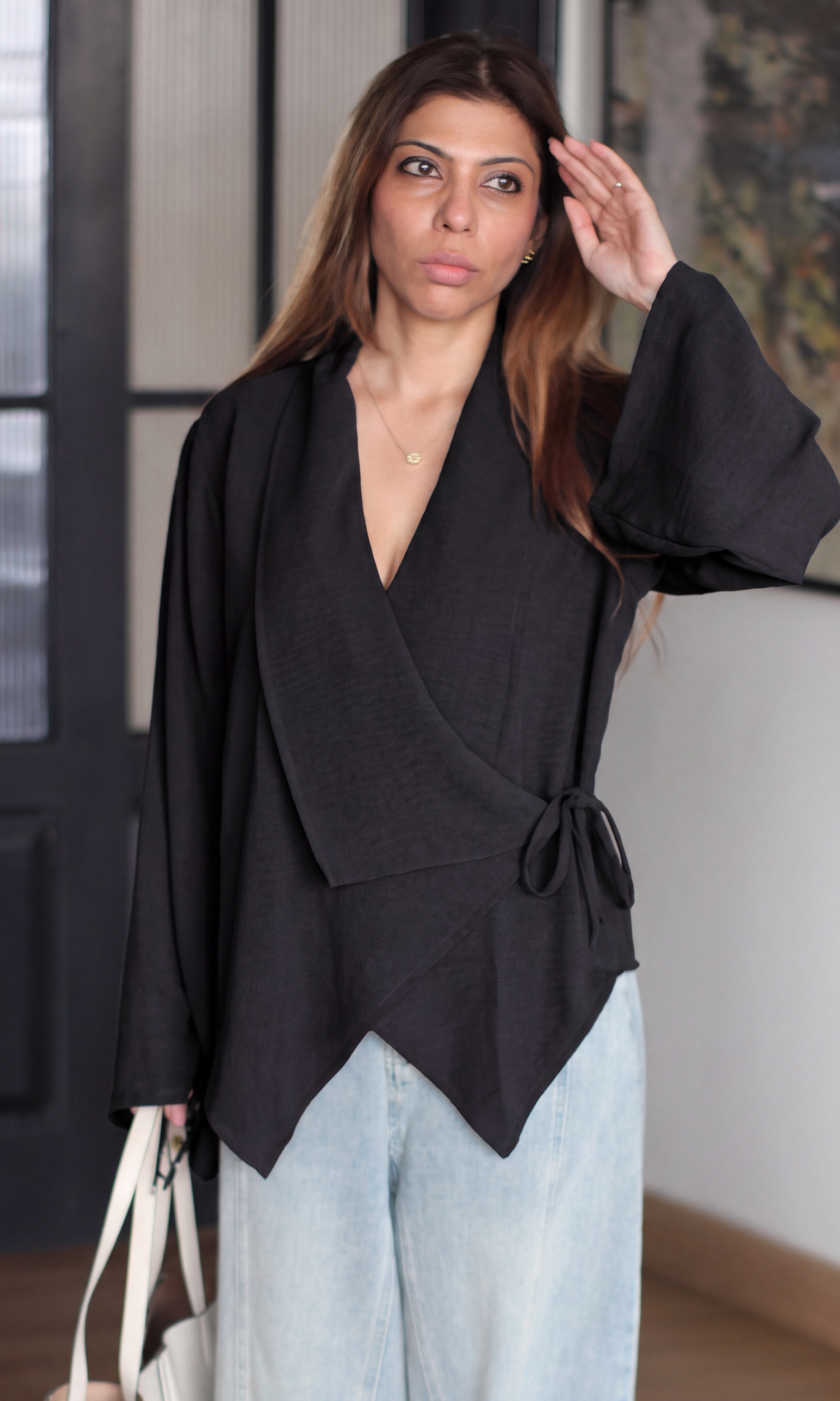 Black Asymmetric Flared-Sleeve Wrap Top