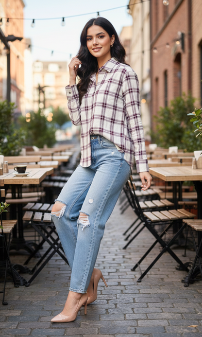 Ivory Plum Grid Checked Shirt