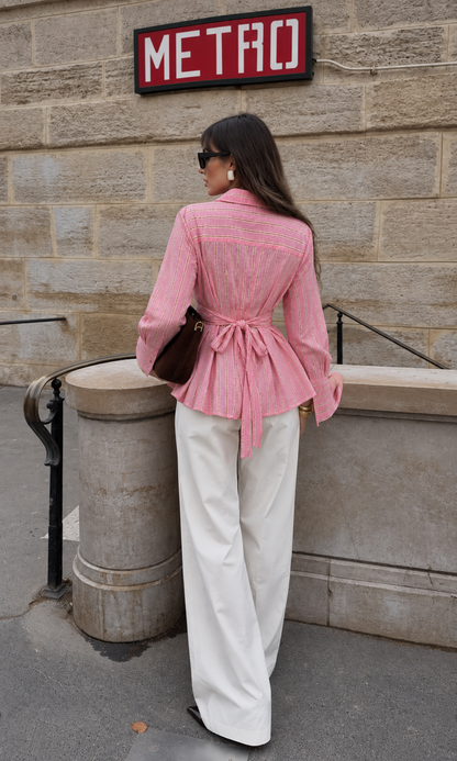 Pink Stripe Cinched Tie-Back Shirt