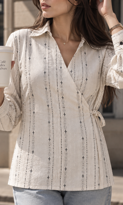 Ivory Black Jacquard Cotton Wrap Top