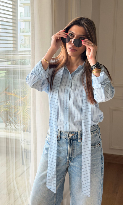 Sky Blue Pinstripe Bow-Tie Shirt