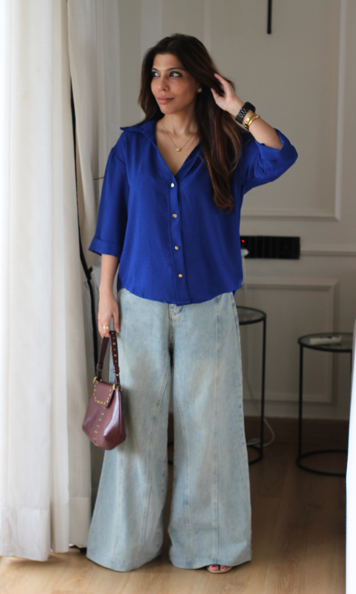 Electric Blue Metallic Button  Boxy Shirt