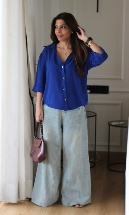 Electric Blue Metallic Button  Boxy Shirt