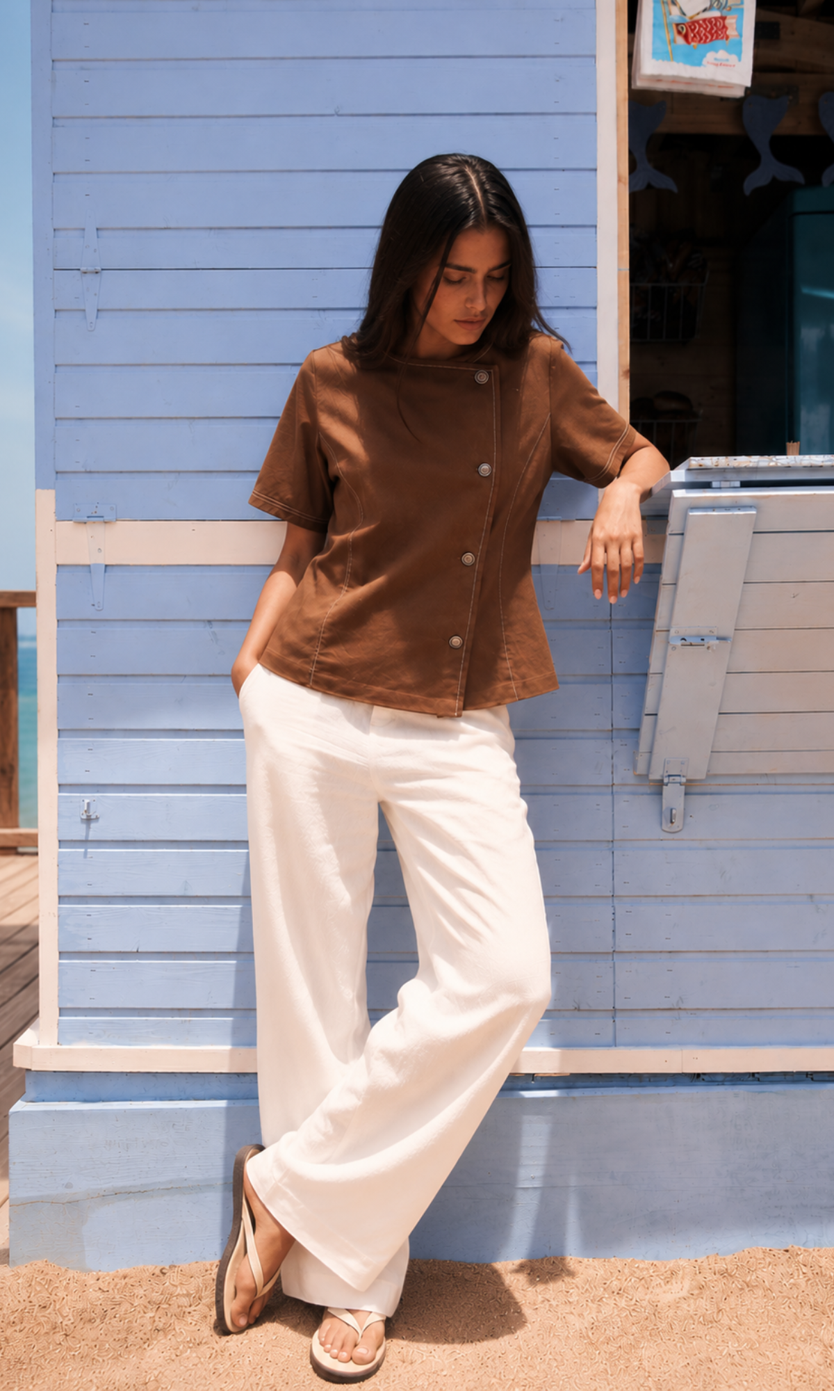 Brown Denim Contrast Stitch Top
