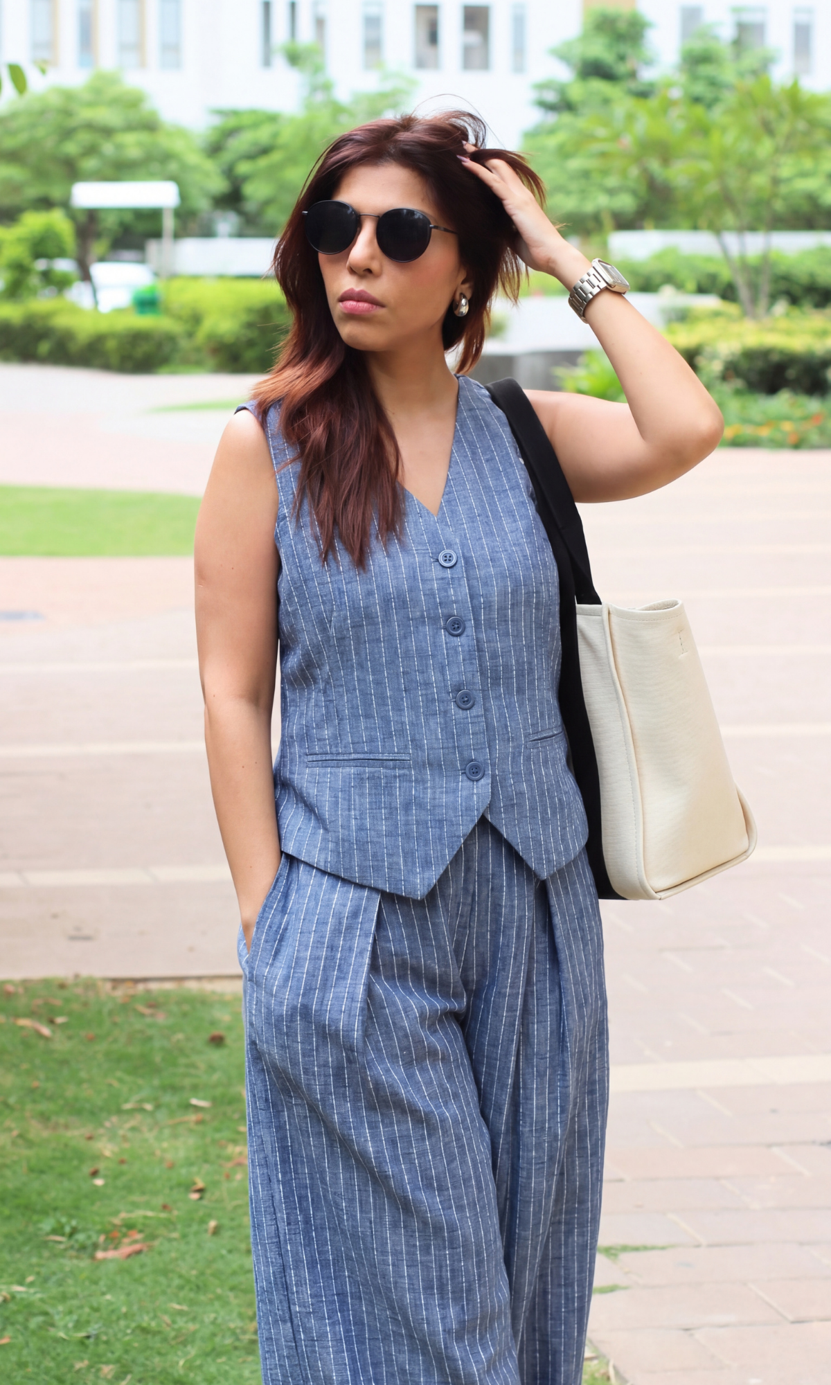 Blue-White Denim Cotton Waistcoat and Pants Co-ord