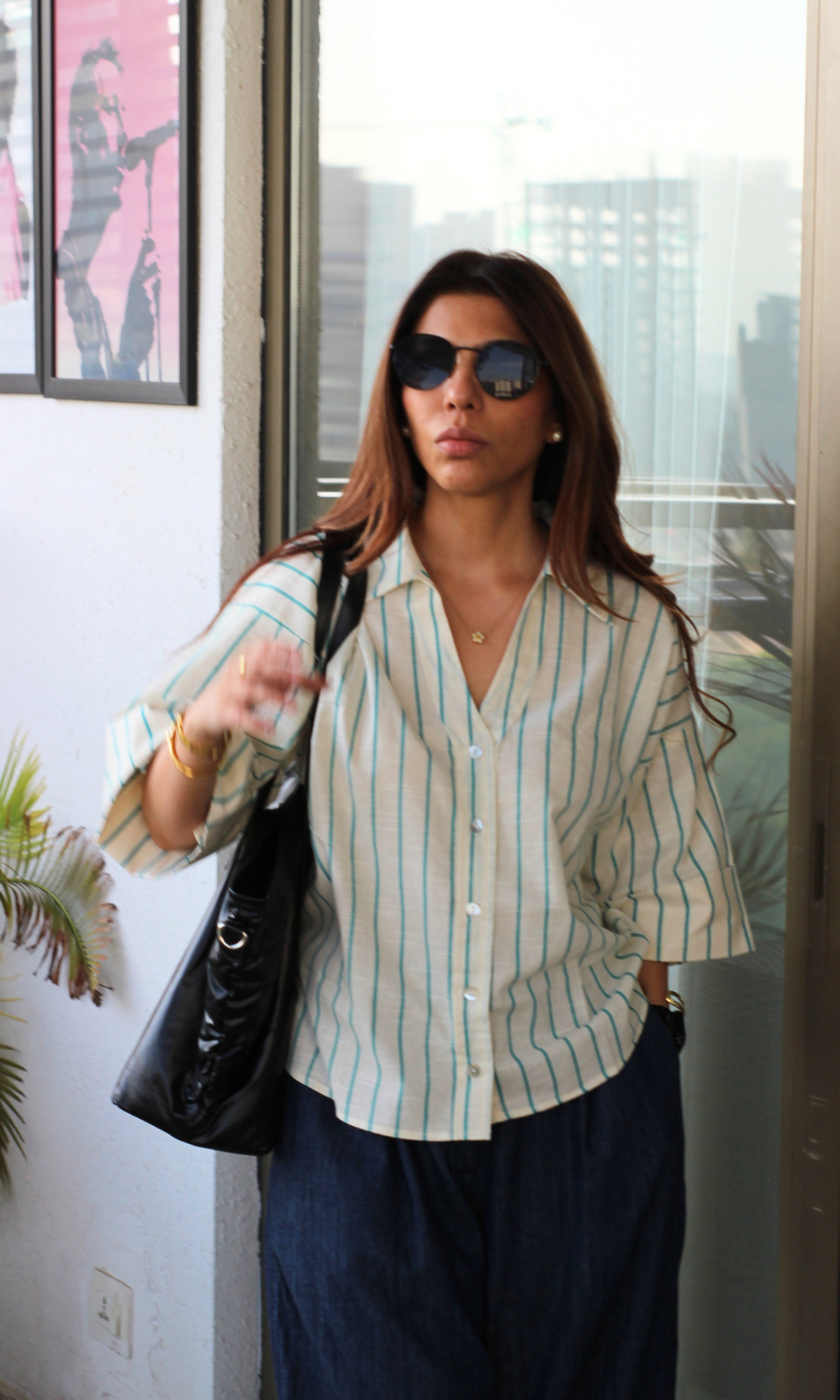 Turquoise Line Stripe Loose Shirt