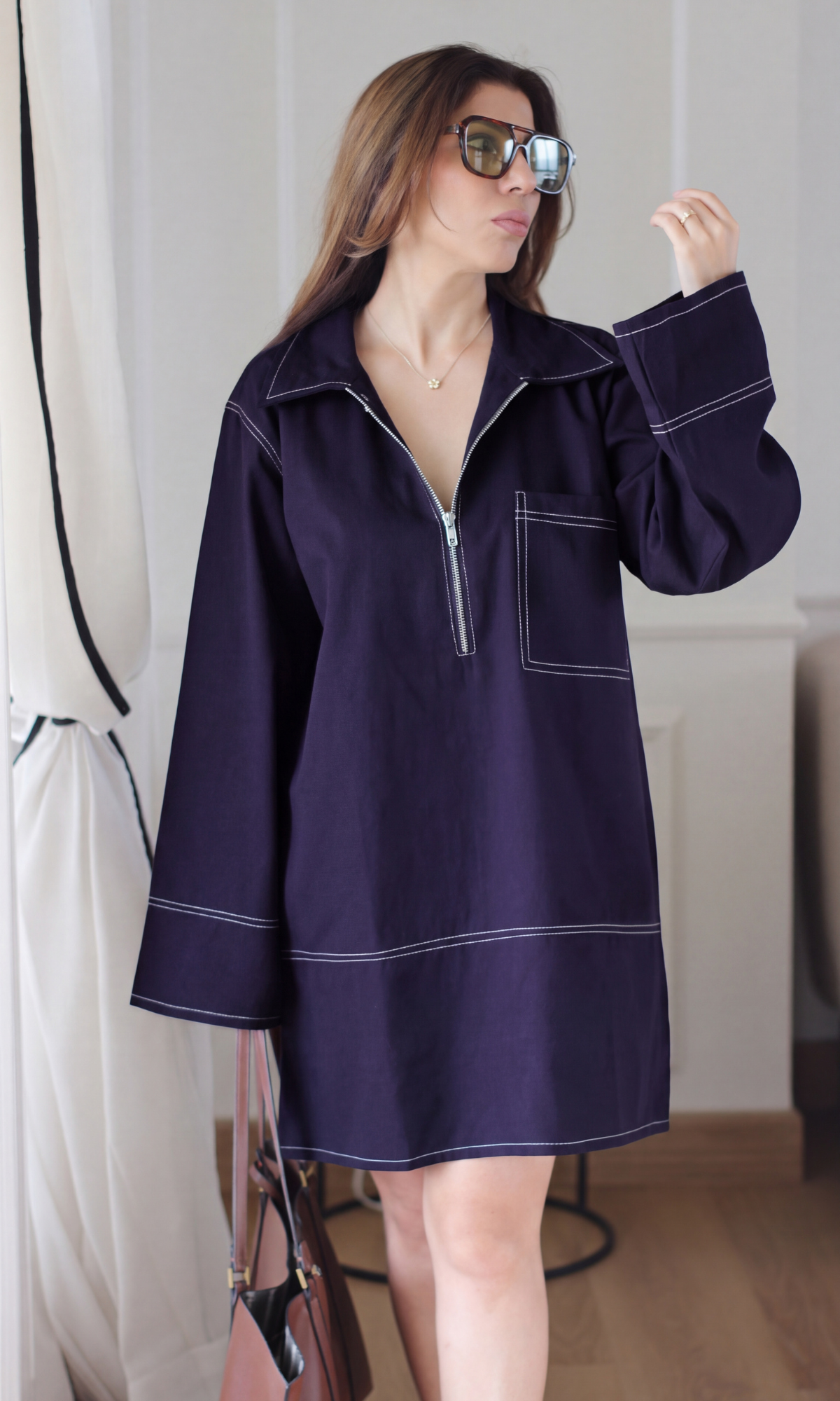 Plum Contrast-Stitch Zip Tunic Dress