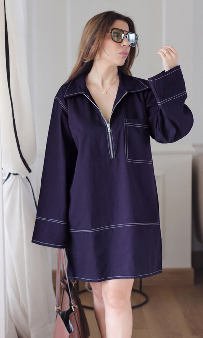 Plum Contrast-Stitch Zip Tunic Dress