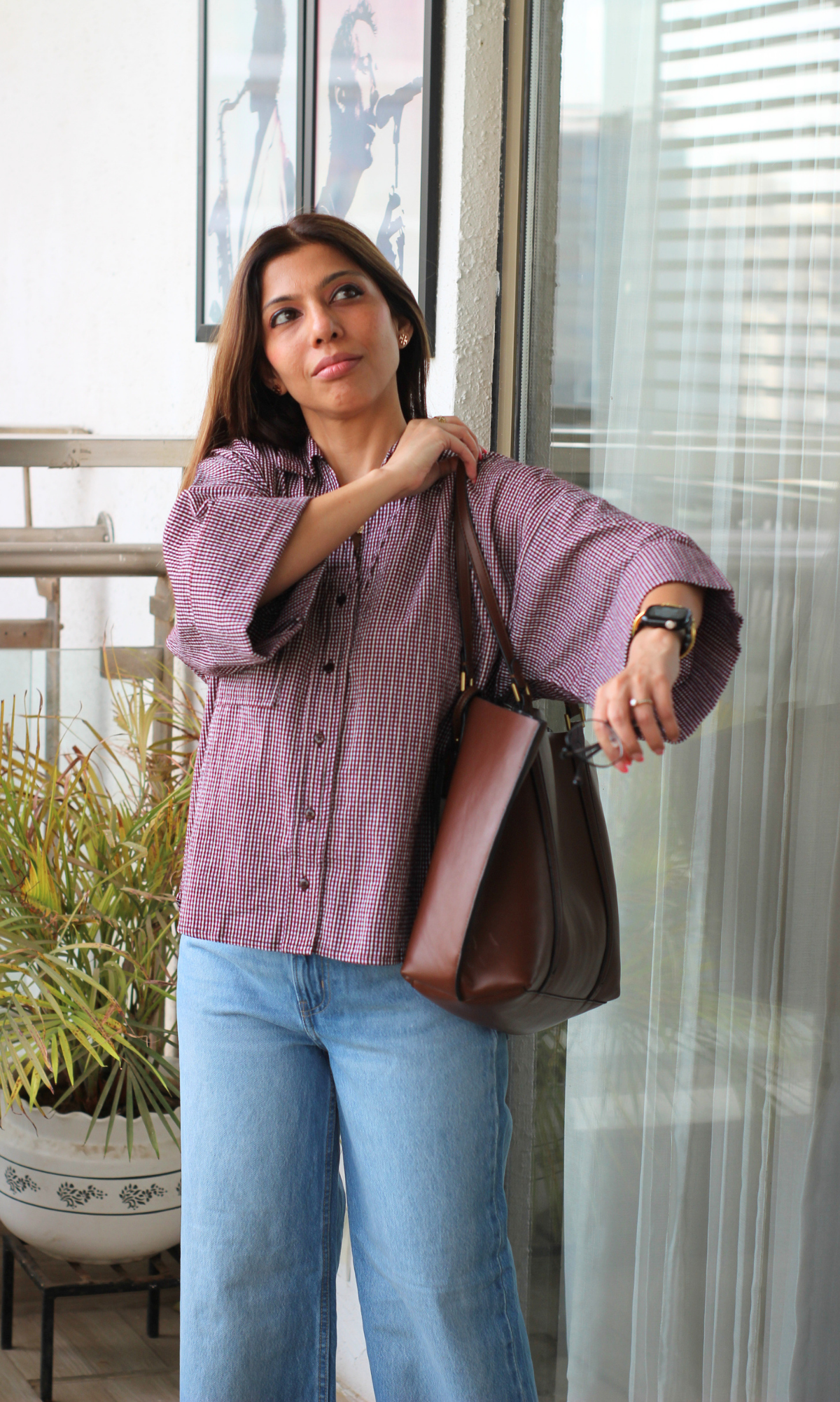 Wine Black Micro-Check Loose Shirt