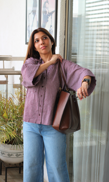 Wine Black Micro-Check Loose Shirt
