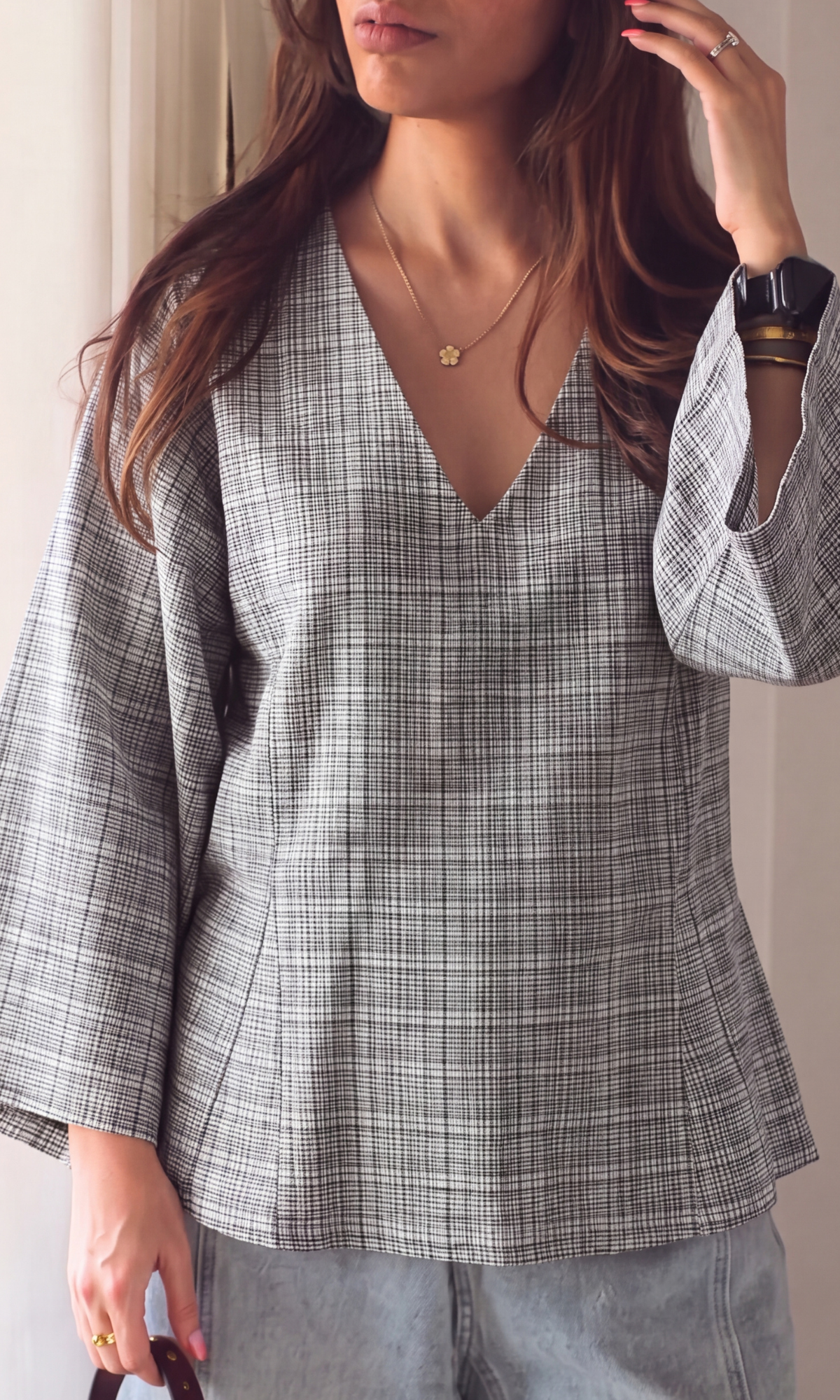 Charcoal Check V-Neck Peplum Top