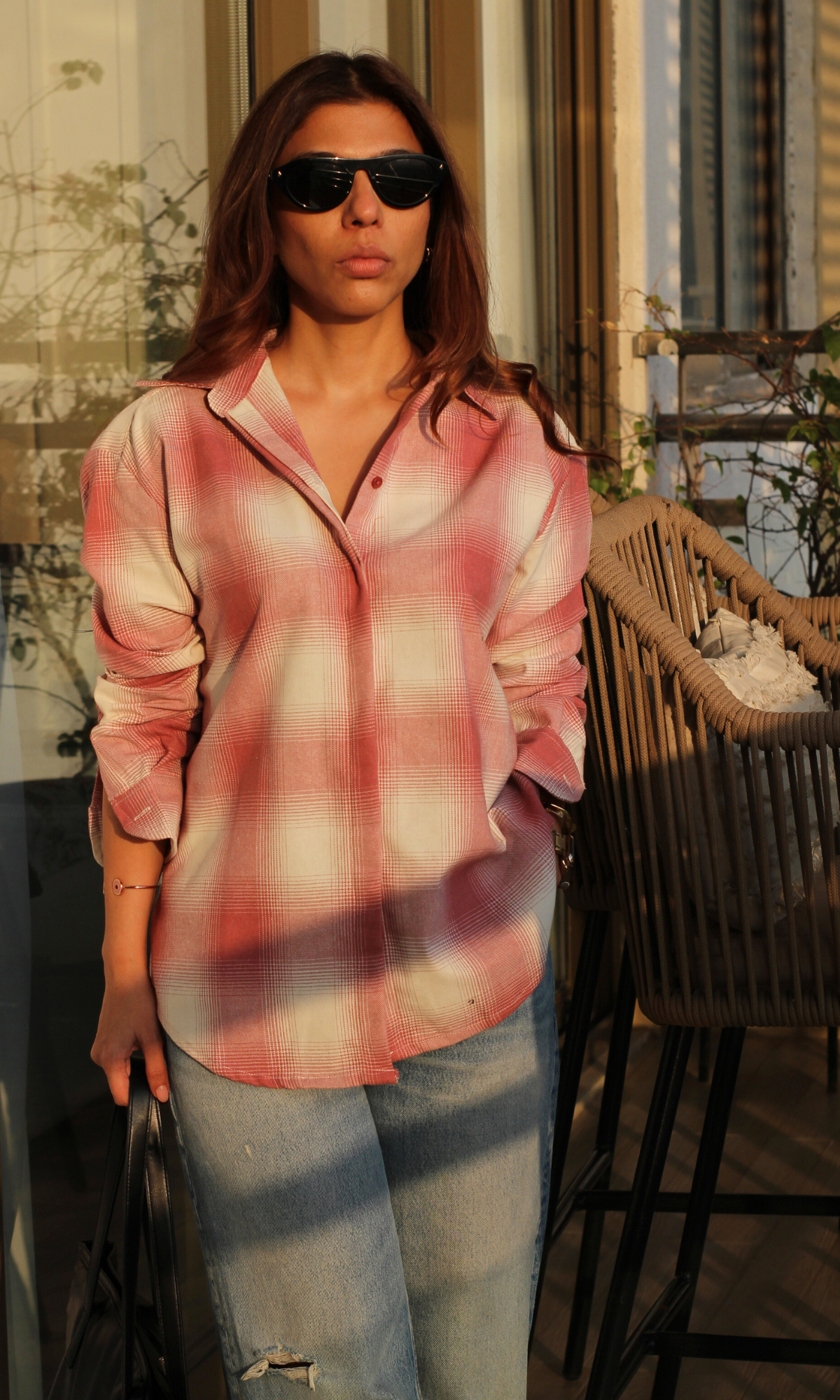 Women’s pink and ivory checked cotton shirt featuring soft pastel tones