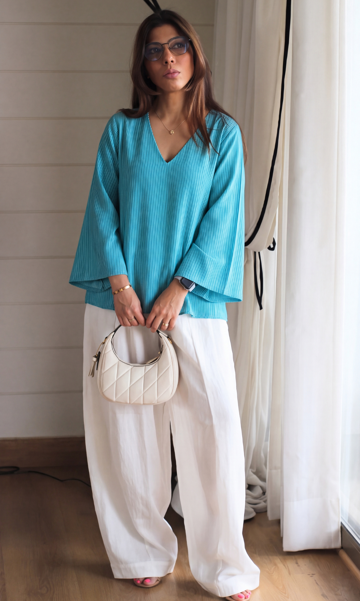 Teal Stripe V-Neck Peplum Top