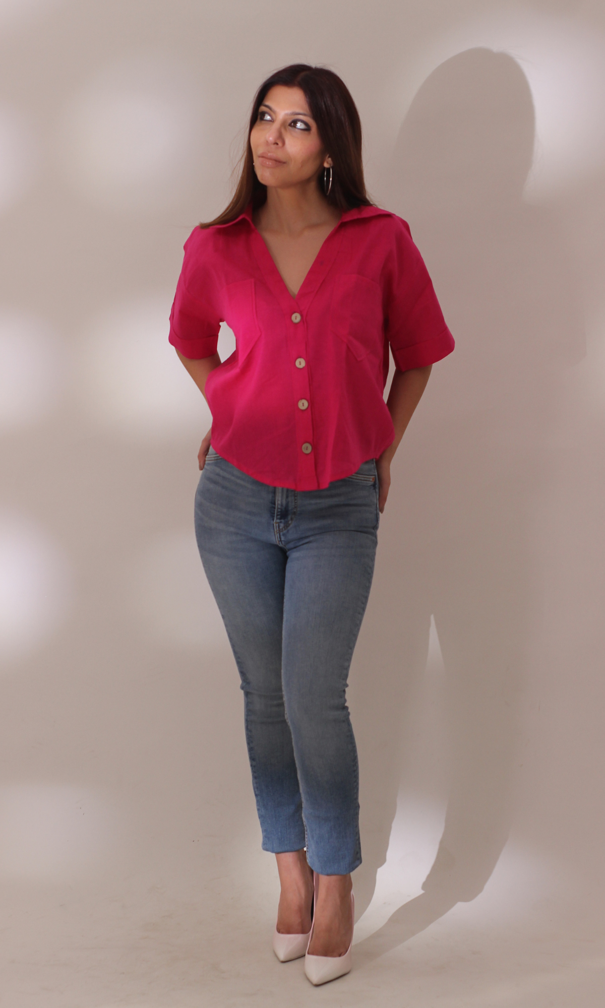 Hot Pink Cotton Cropped Shirt