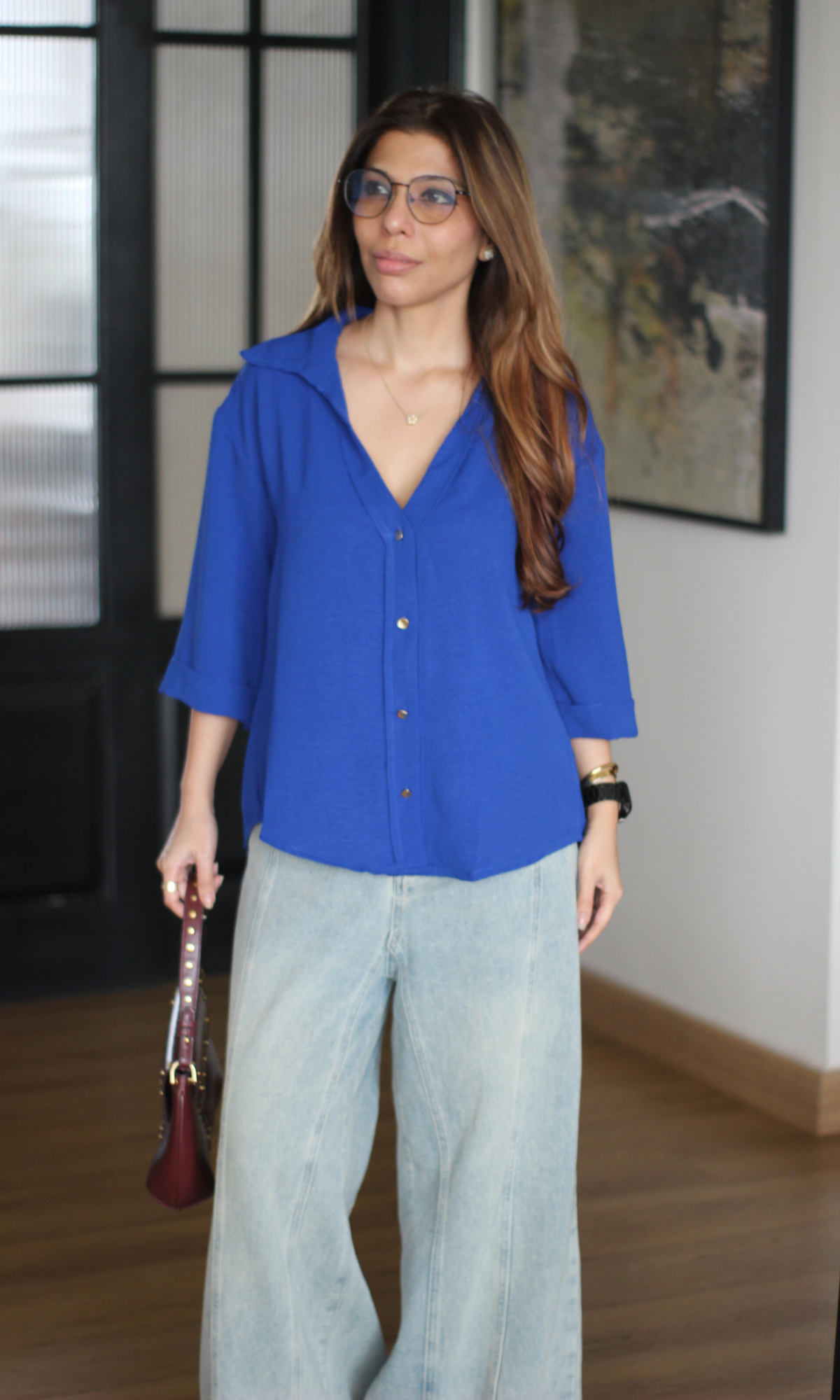 Electric Blue Metallic Button  Boxy Shirt