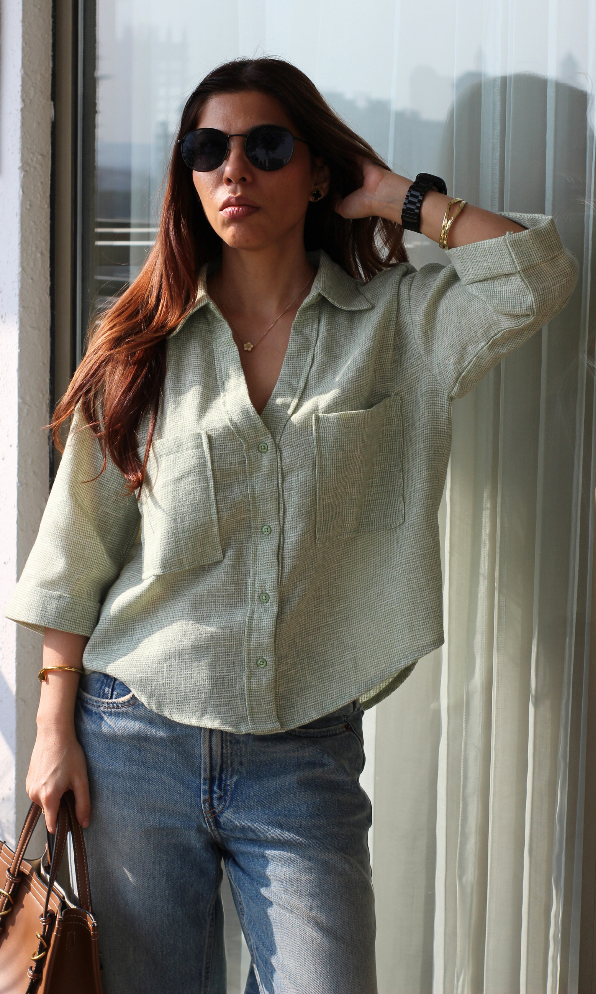 Light Green Weave Cropped Shirt