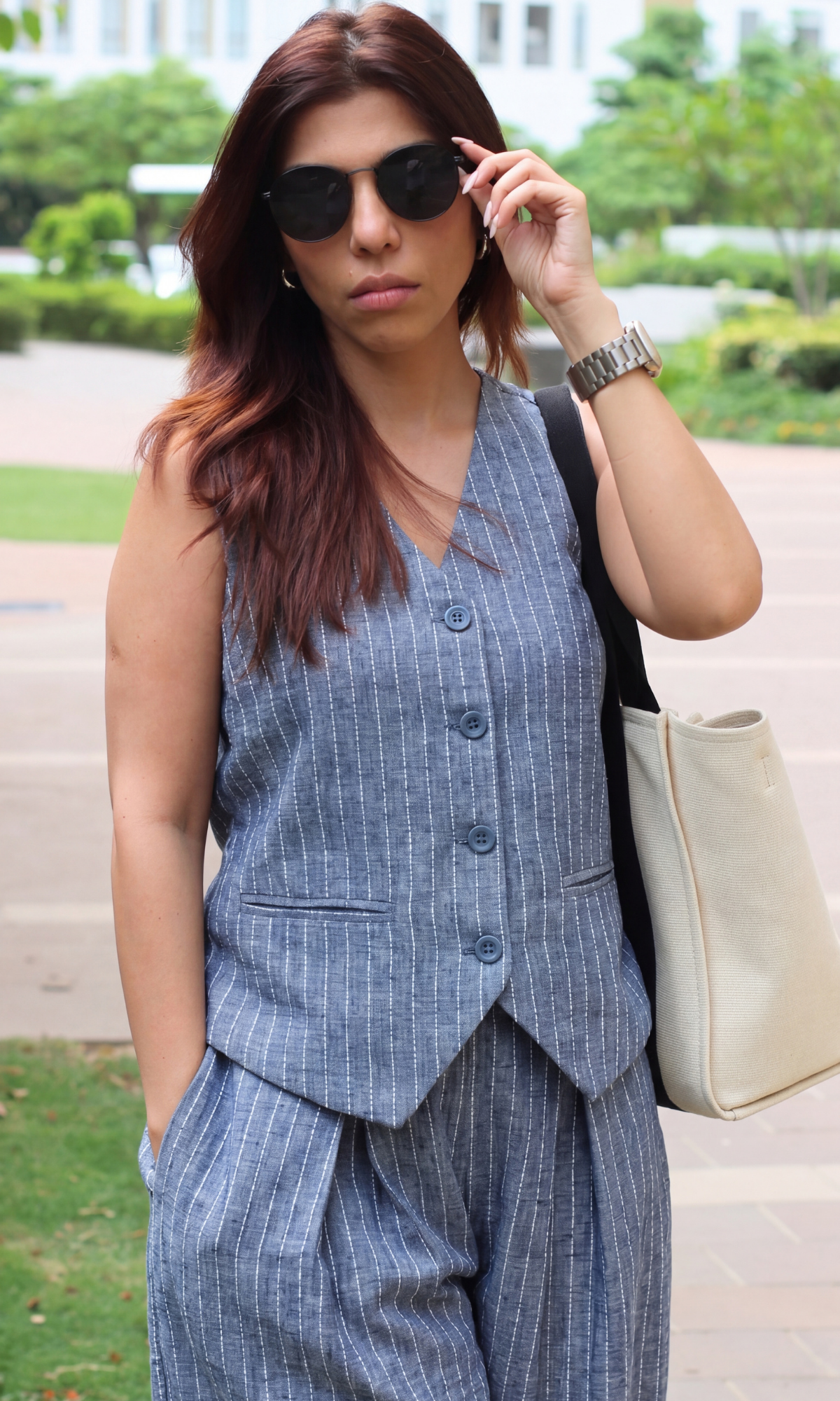 Blue-White Denim Cotton Waistcoat and Pants Co-ord