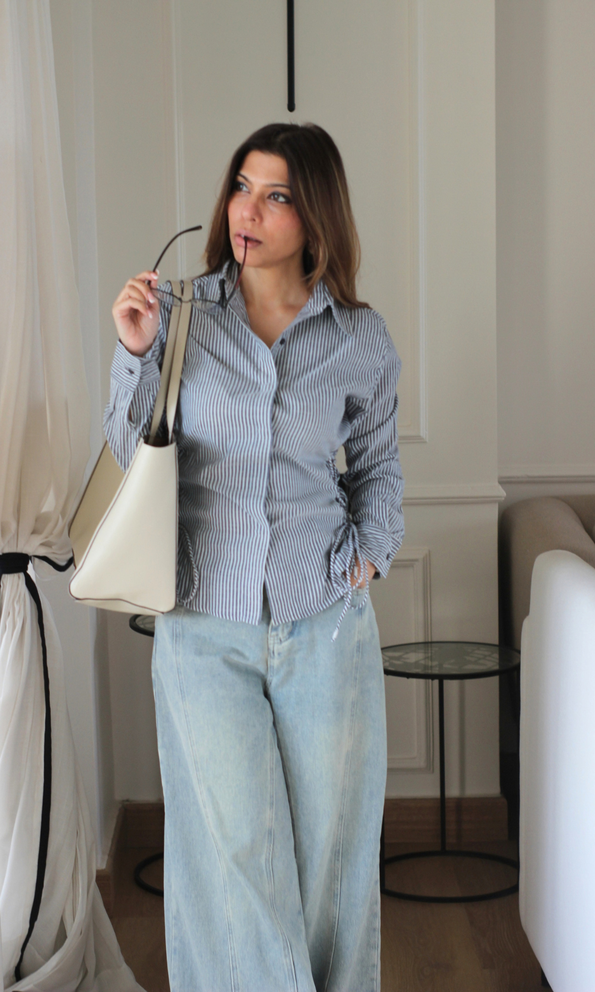 Charcoal Grey Stripe Cinched-Waist Shirt