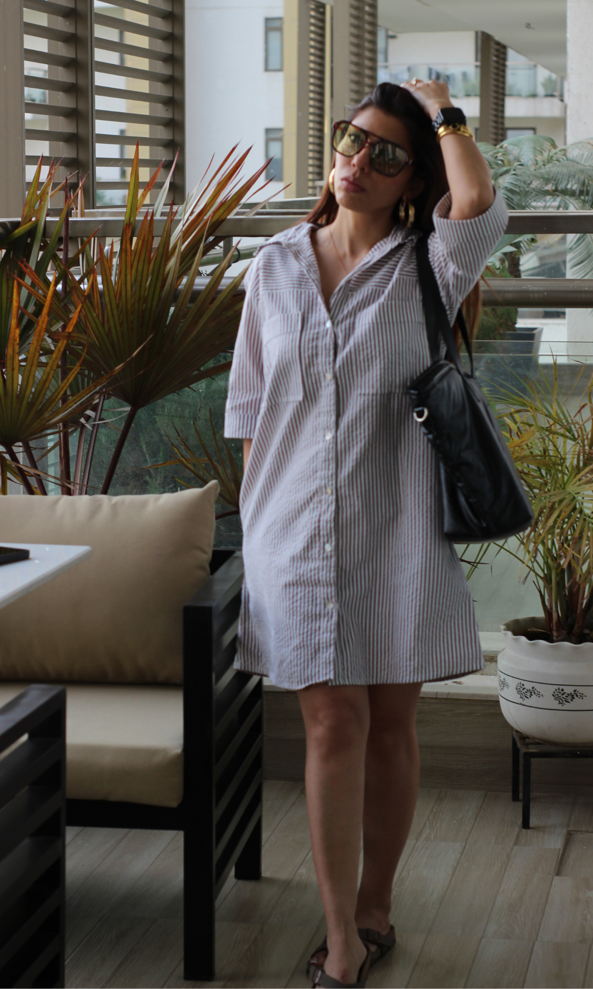 Mocha Stripe Cotton Shirt Dress