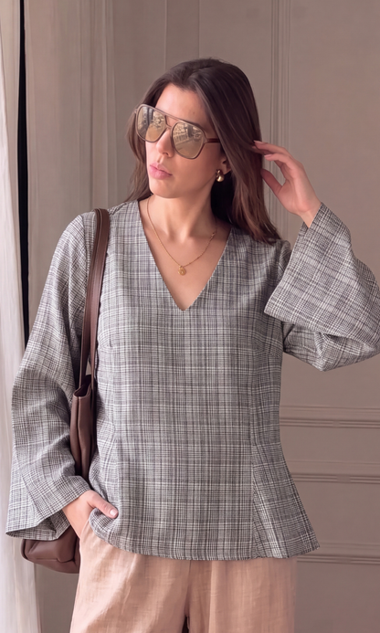 Charcoal Check V-Neck Peplum Top