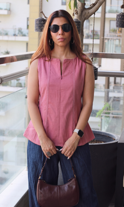 Salmon Denim Cotton Flared Top