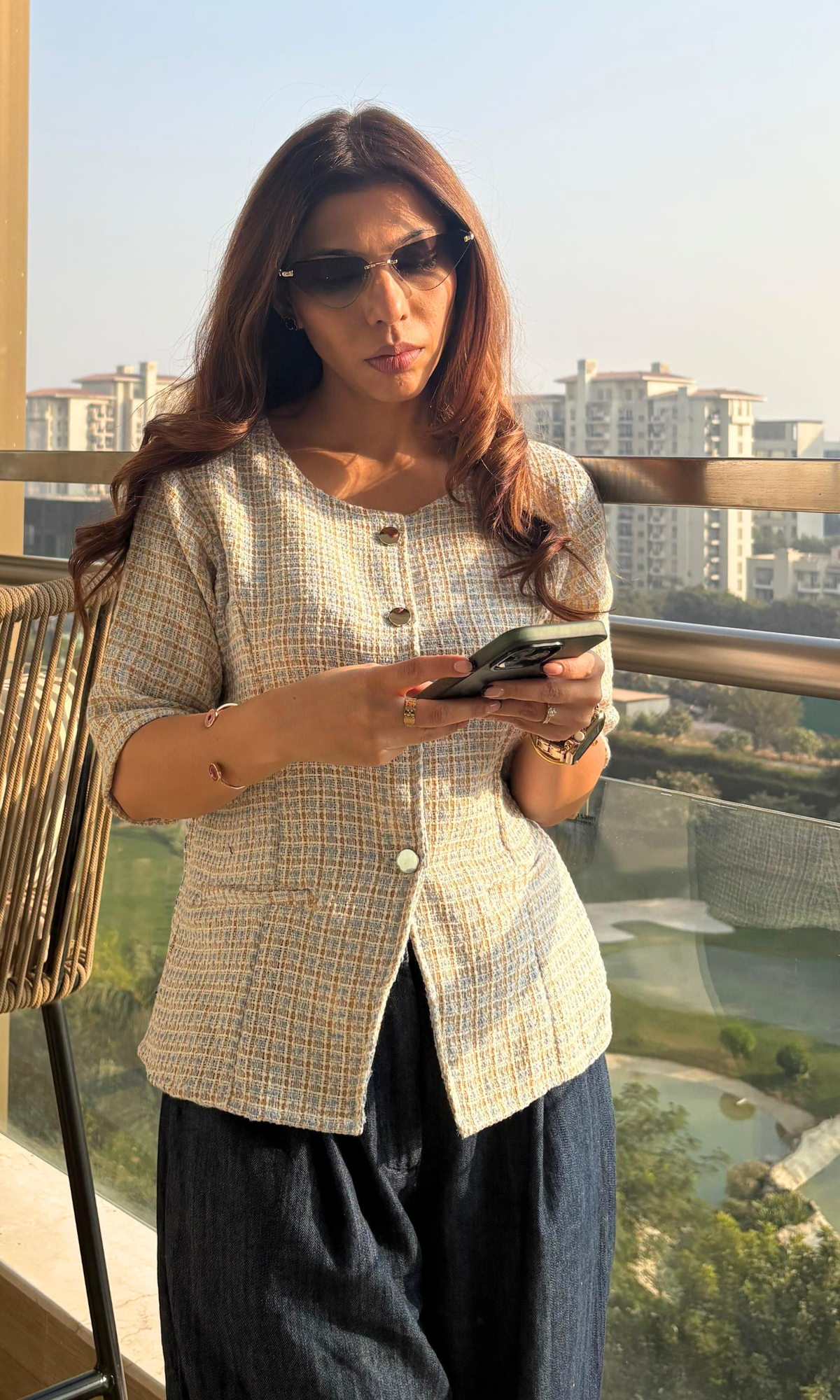 Blue-Beige Tweed Round Neck Waist Coat