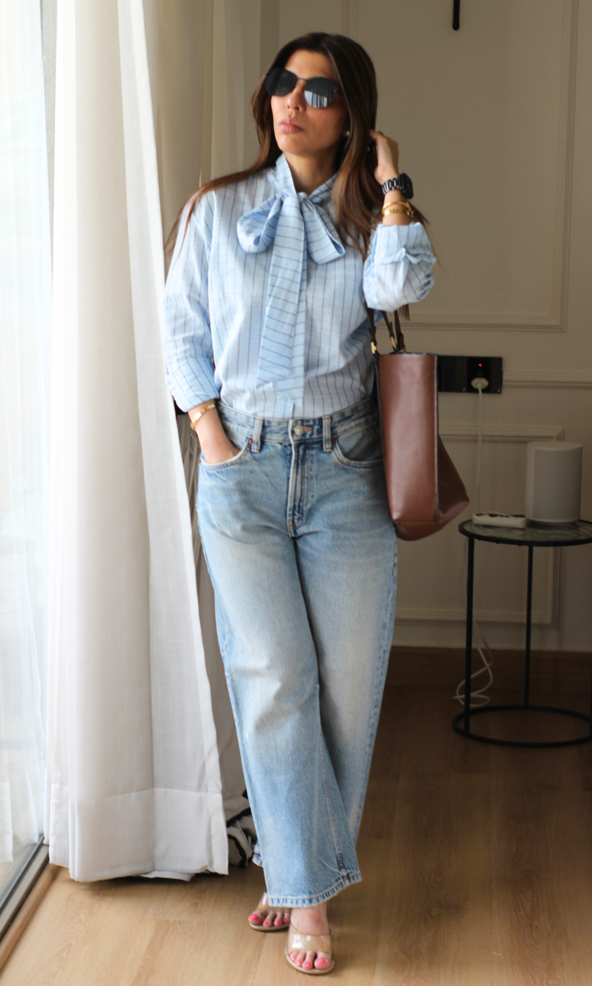 Sky Blue Pinstripe Bow-Tie Shirt