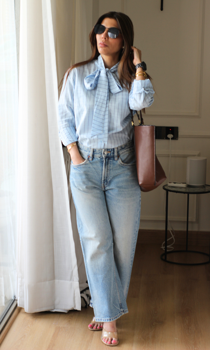 Sky Blue Pinstripe Bow-Tie Shirt